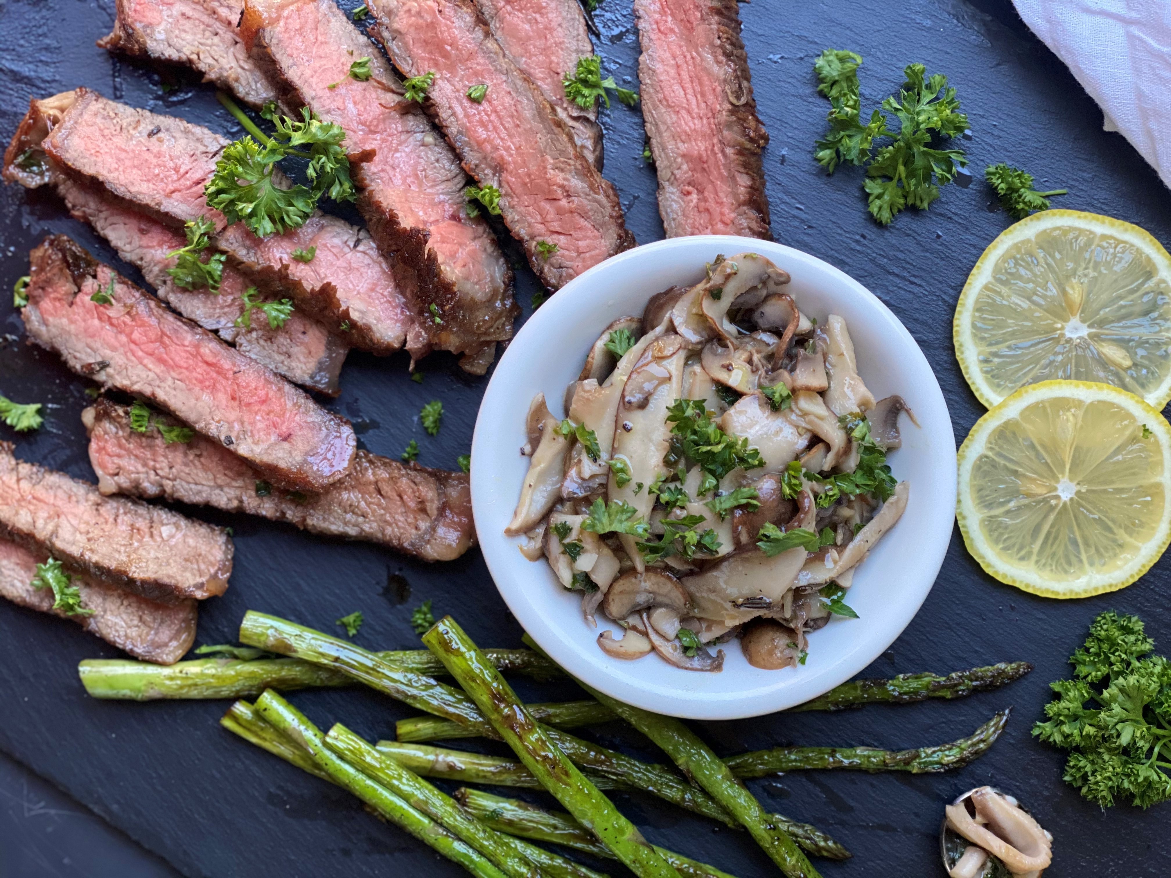 New York Strip Steak with Mushrooms and Asparagus