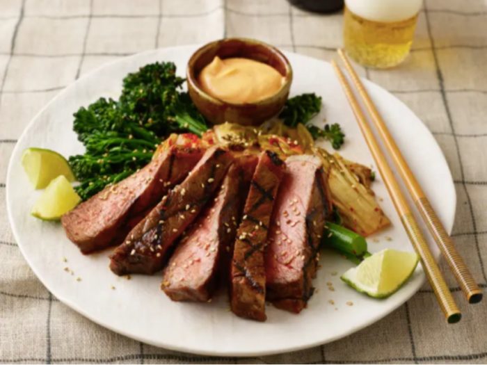 korean flap steak with broccoli lime