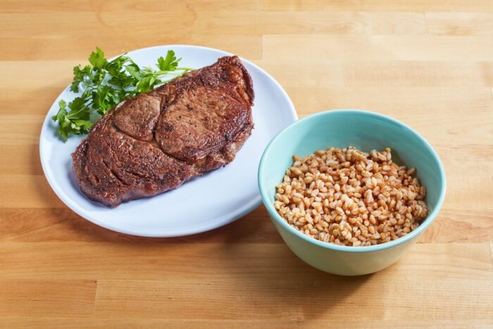 farro grain with natural angus steak