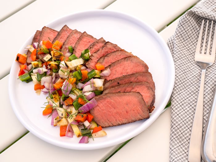 Grilled steak with summer vegetable relish