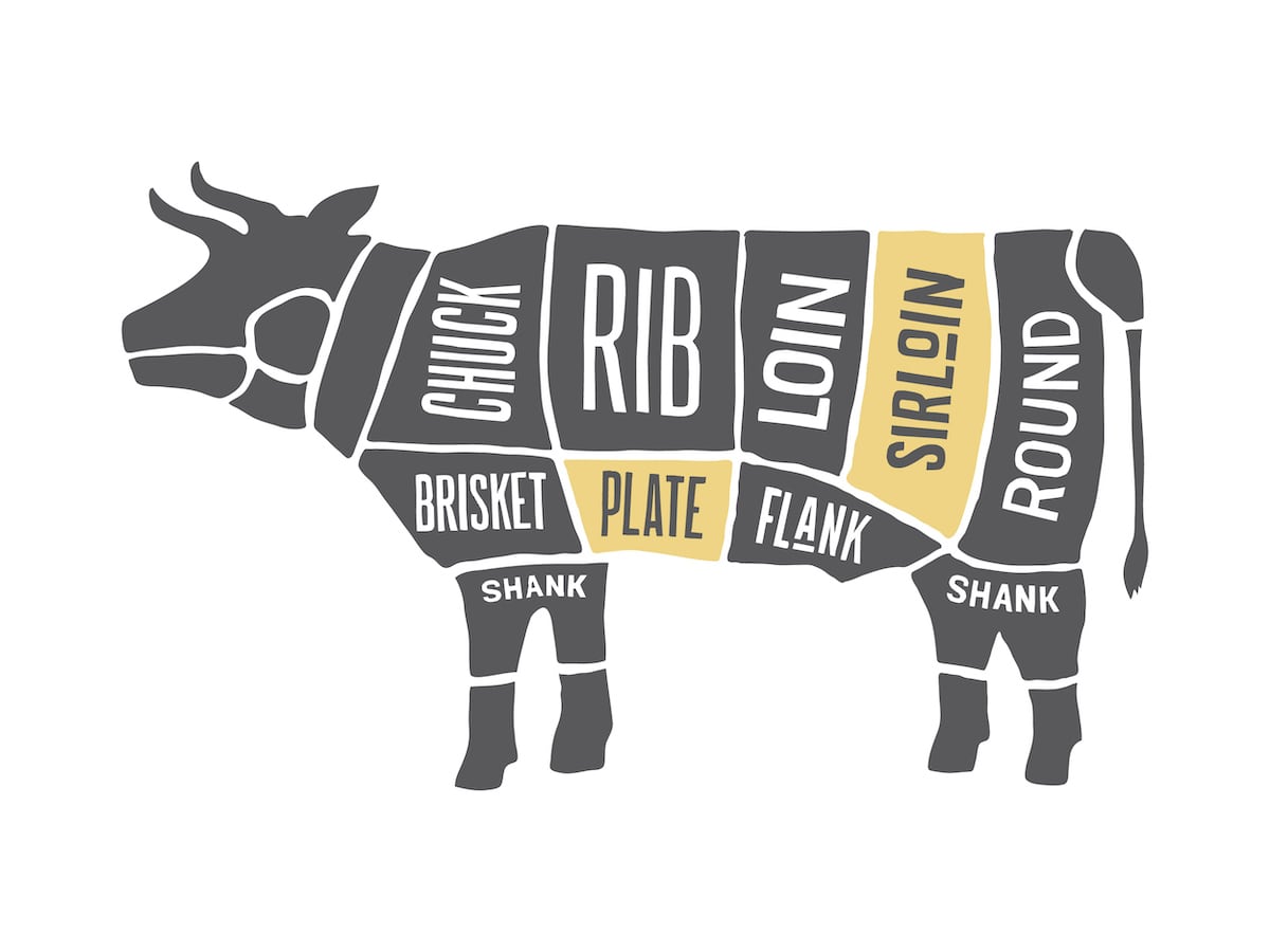 diagram showing different beef cuts on the animal, including plate and sirloin